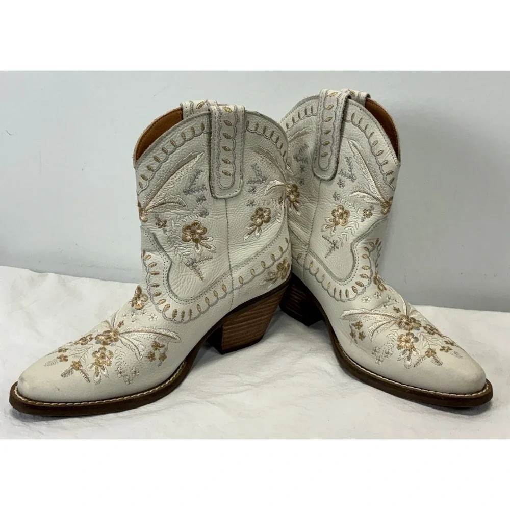 Dingo White Primrose Floral Embroidered Leather Western Cowgirl Boots Womens 6.5 - Picture 3 of 8